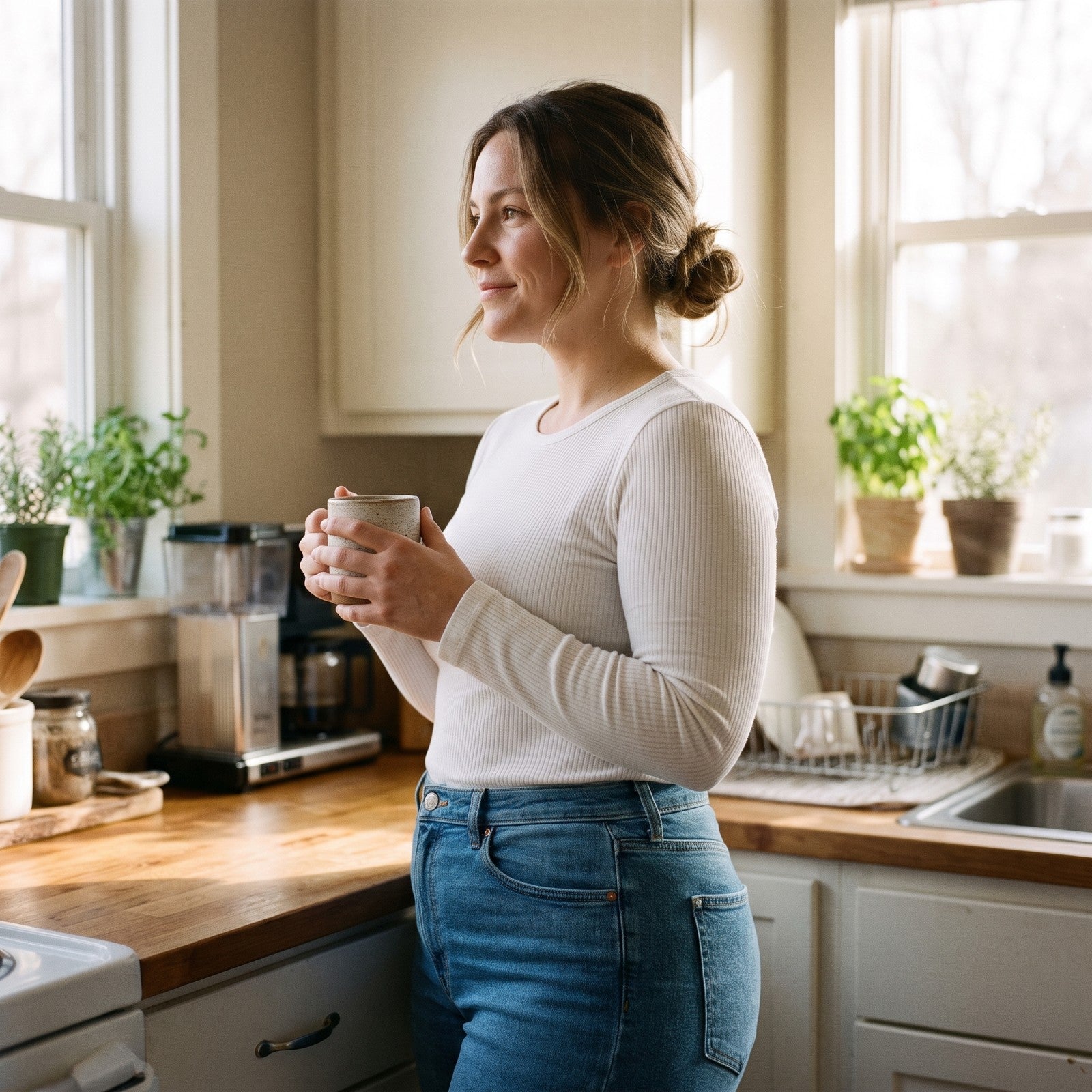 Mom in jeans in her kitchen with a coffee