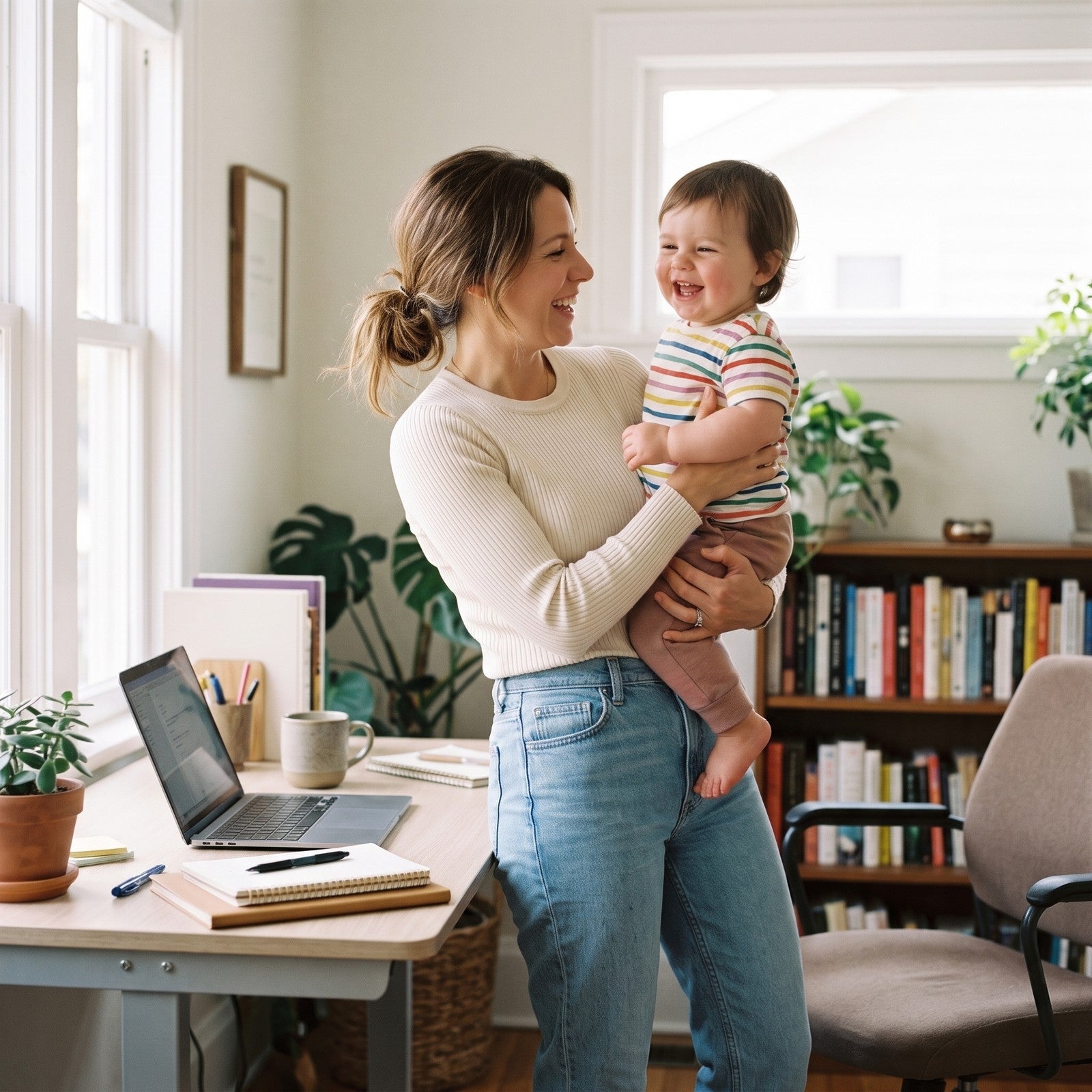 Noon: Lifting her toddler between calls.